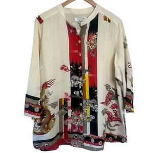 Citron Santa Monica Tunic Top Cream Silk Asian Dragon Novelty Print Women's 0X